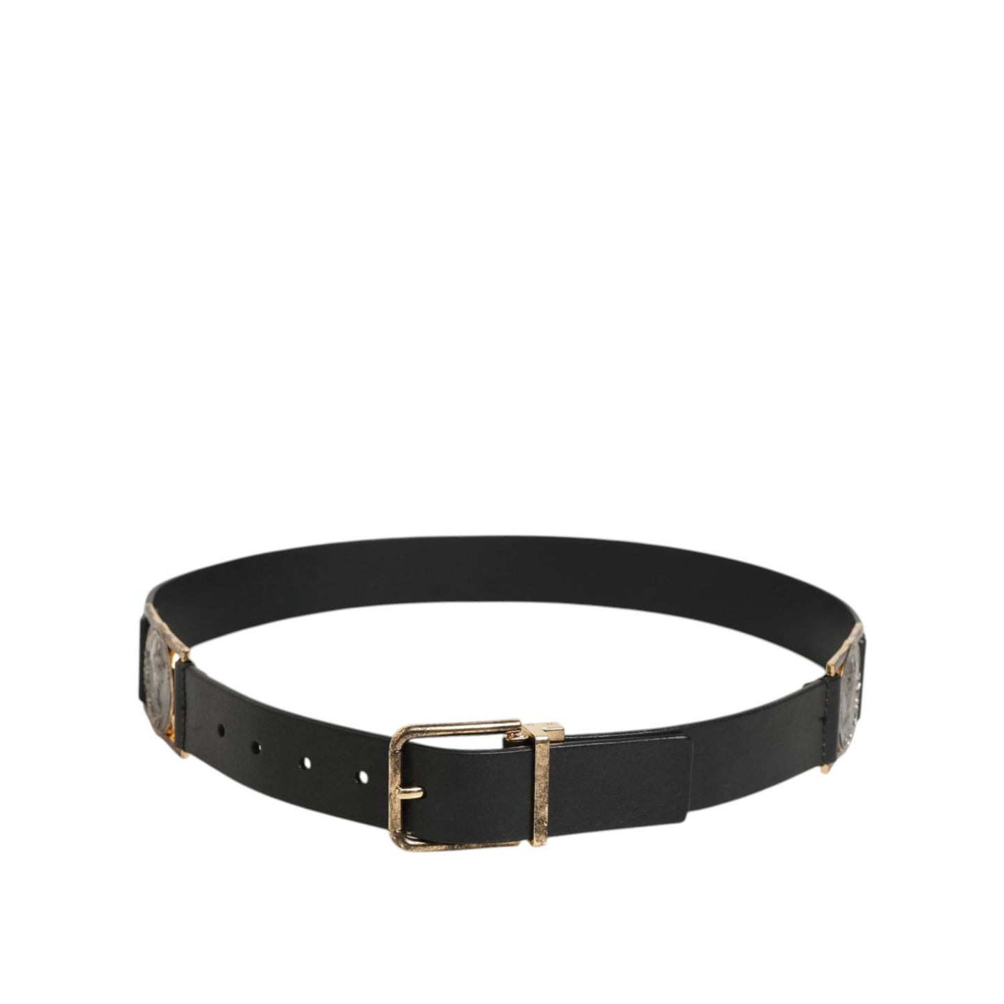 Dolce & Gabbana Black Leather Gold Silver Coin Buckle Belt with classical motifs and opulent design