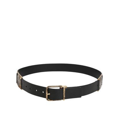 Dolce & Gabbana Black Leather Gold Silver Coin Buckle Belt with classical motifs and opulent design