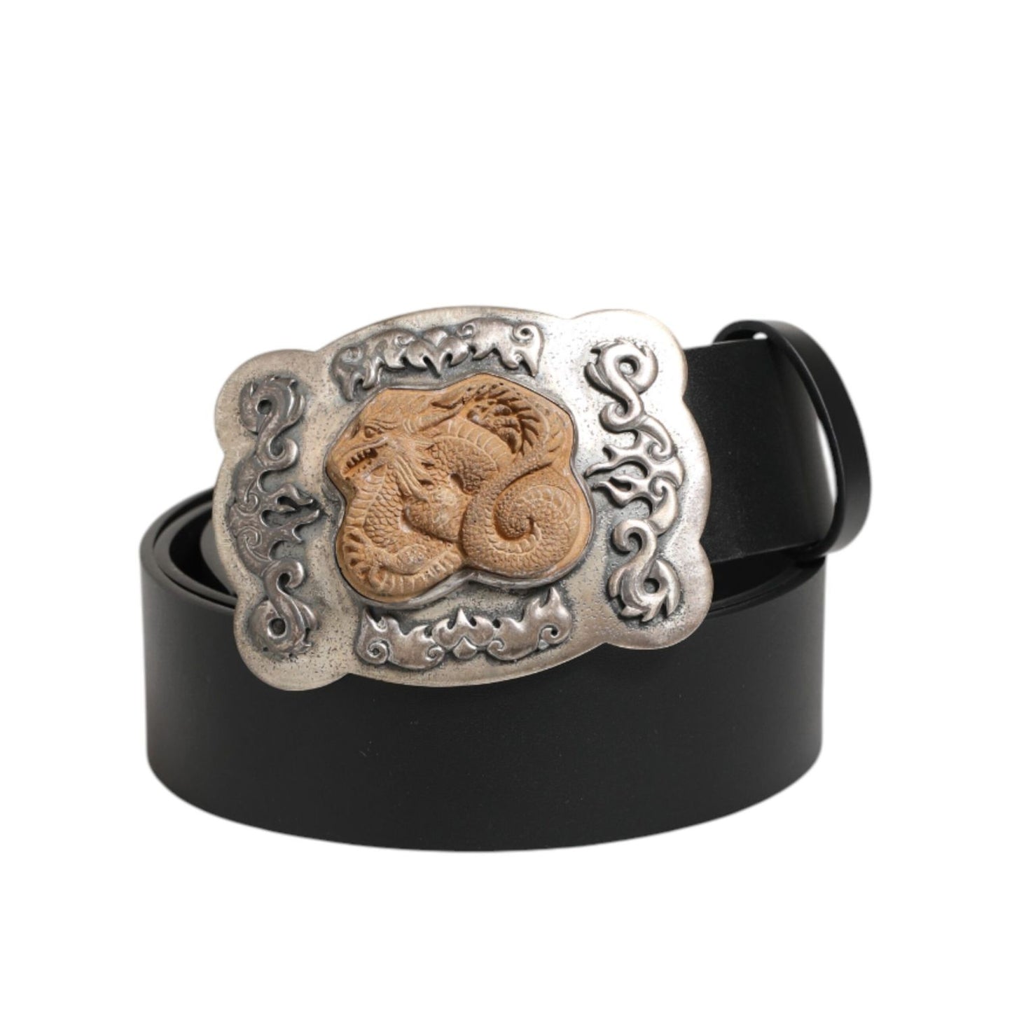 Dolce & Gabbana Black Leather Gothic Dragon Metal Buckle Belt with intricate dragon design and silver scrollwork on a gold-tone buckle.