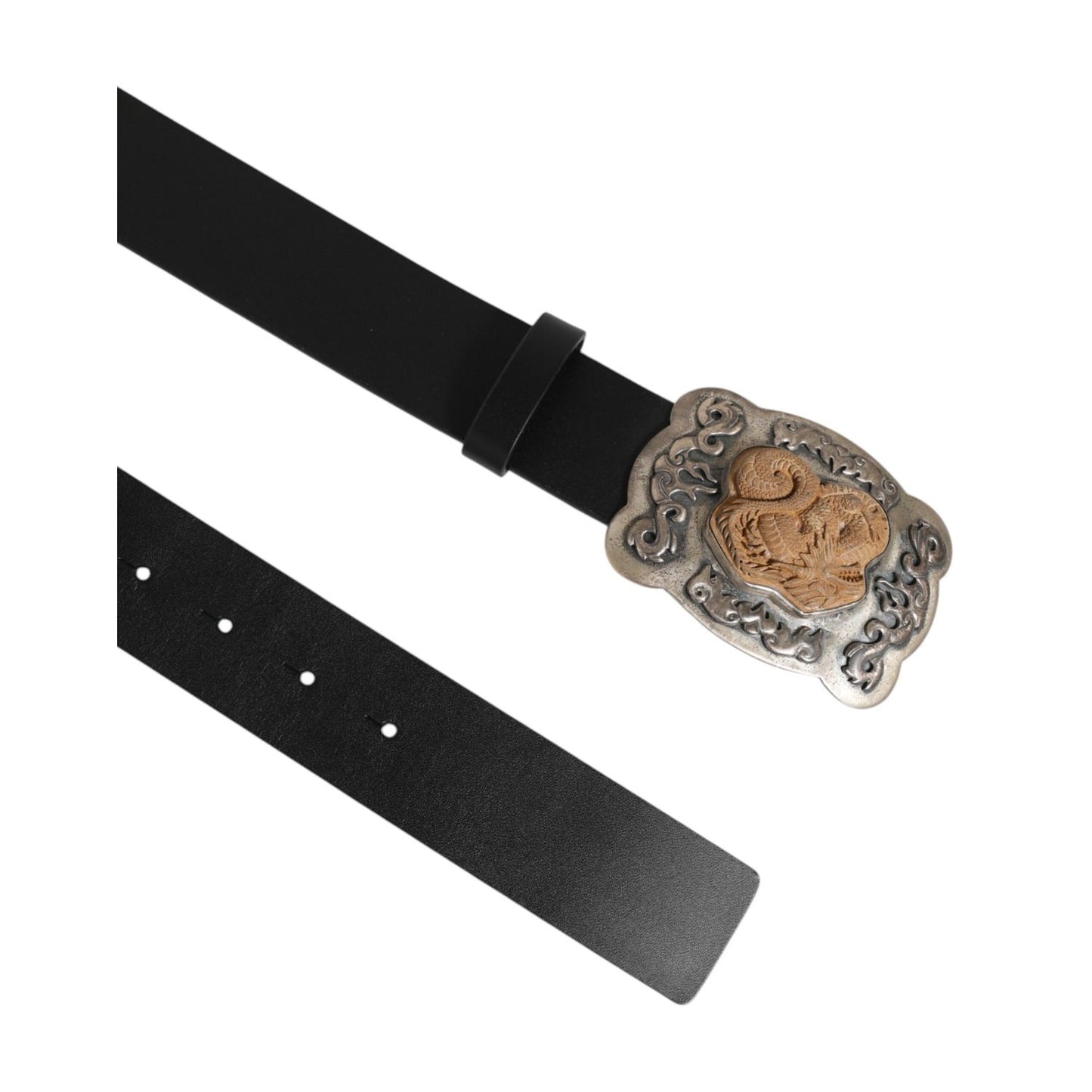Dolce & Gabbana Black Leather Gothic Dragon Metal Buckle Belt with gold dragon design on silver buckle.