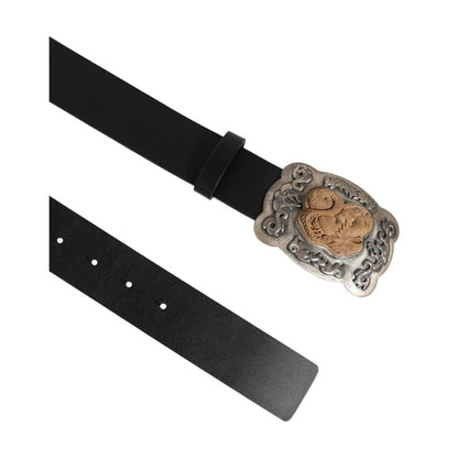 Dolce & Gabbana Black Leather Gothic Dragon Metal Buckle Belt with gold dragon design on silver buckle.