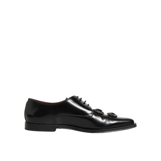 Dolce & Gabbana Black Leather Jeweled Crystals Derby Shoes with lace-up design and crystal embellishments on black leather.