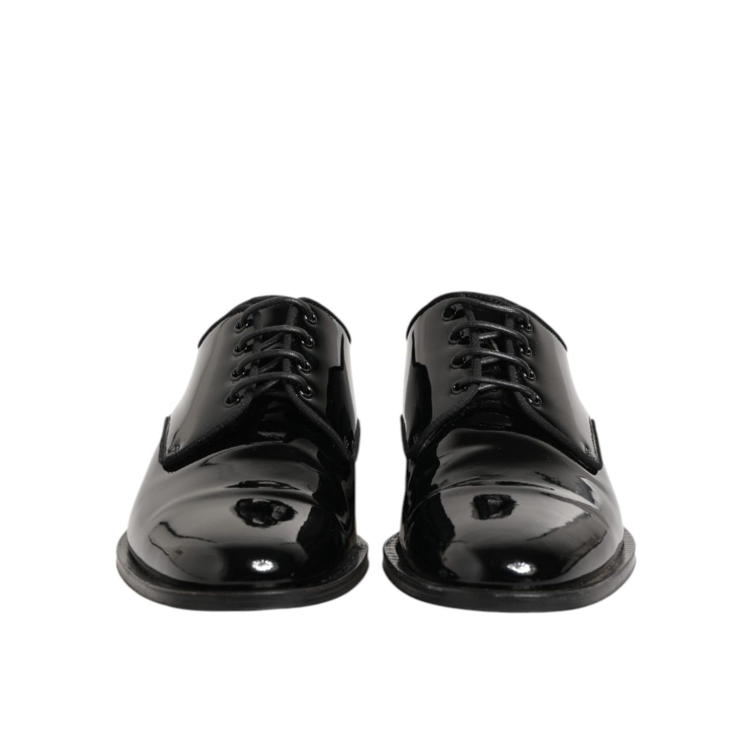 Dolce & Gabbana Black Leather Lace Up Derby Formal Dress Shoes front view, polished black leather design, ideal for formal occasions.