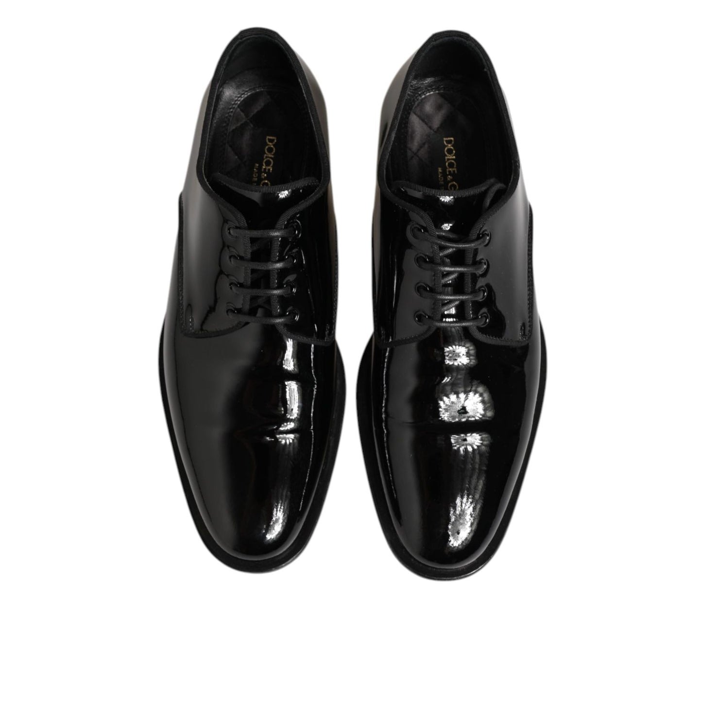 Dolce & Gabbana Black Leather Lace Up Derby Formal Dress Shoes for men in top view, showcasing premium craftsmanship and elegance.