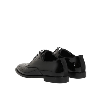 Dolce & Gabbana Black Leather Lace Up Derby Formal Dress Shoes, elegant black footwear for formal occasions, side view.