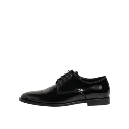 Dolce & Gabbana Black Leather Lace Up Derby Formal Dress Shoes for men, side view showcasing sleek design and premium leather finish.
