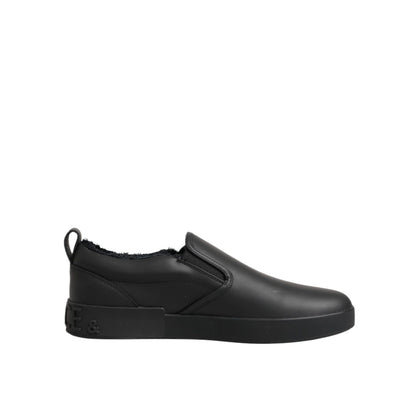 Dolce & Gabbana Black Leather Low Top Slip On Sneakers Shoes with rubber sole and logo details, featuring elastic side panels.