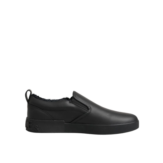 Dolce & Gabbana Black Leather Low Top Slip On Sneakers Shoes with rubber sole and logo details, featuring elastic side panels.