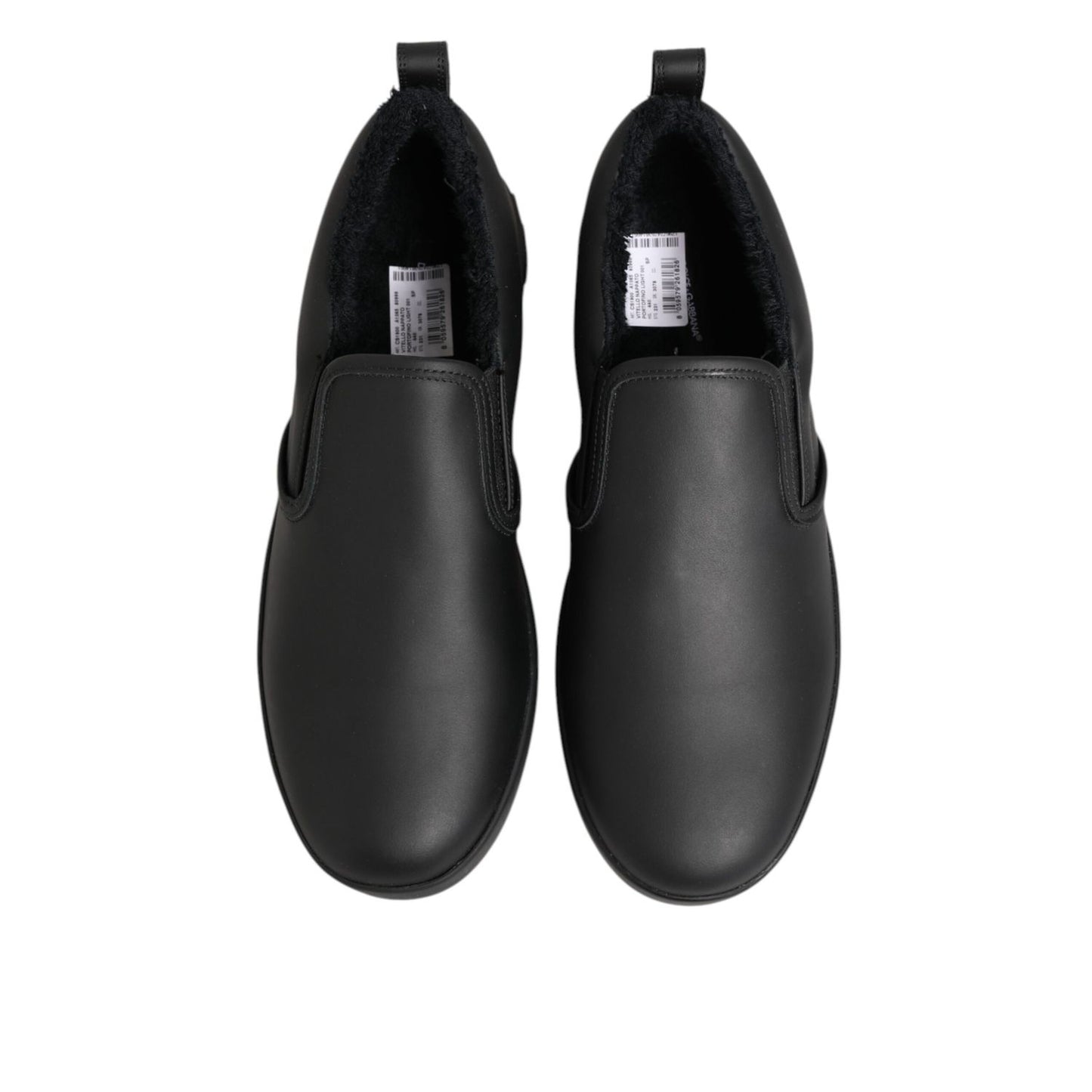 Top view of Dolce & Gabbana Black Leather Low Top Slip On Sneakers Shoes with elastic side panels and rubber soles.