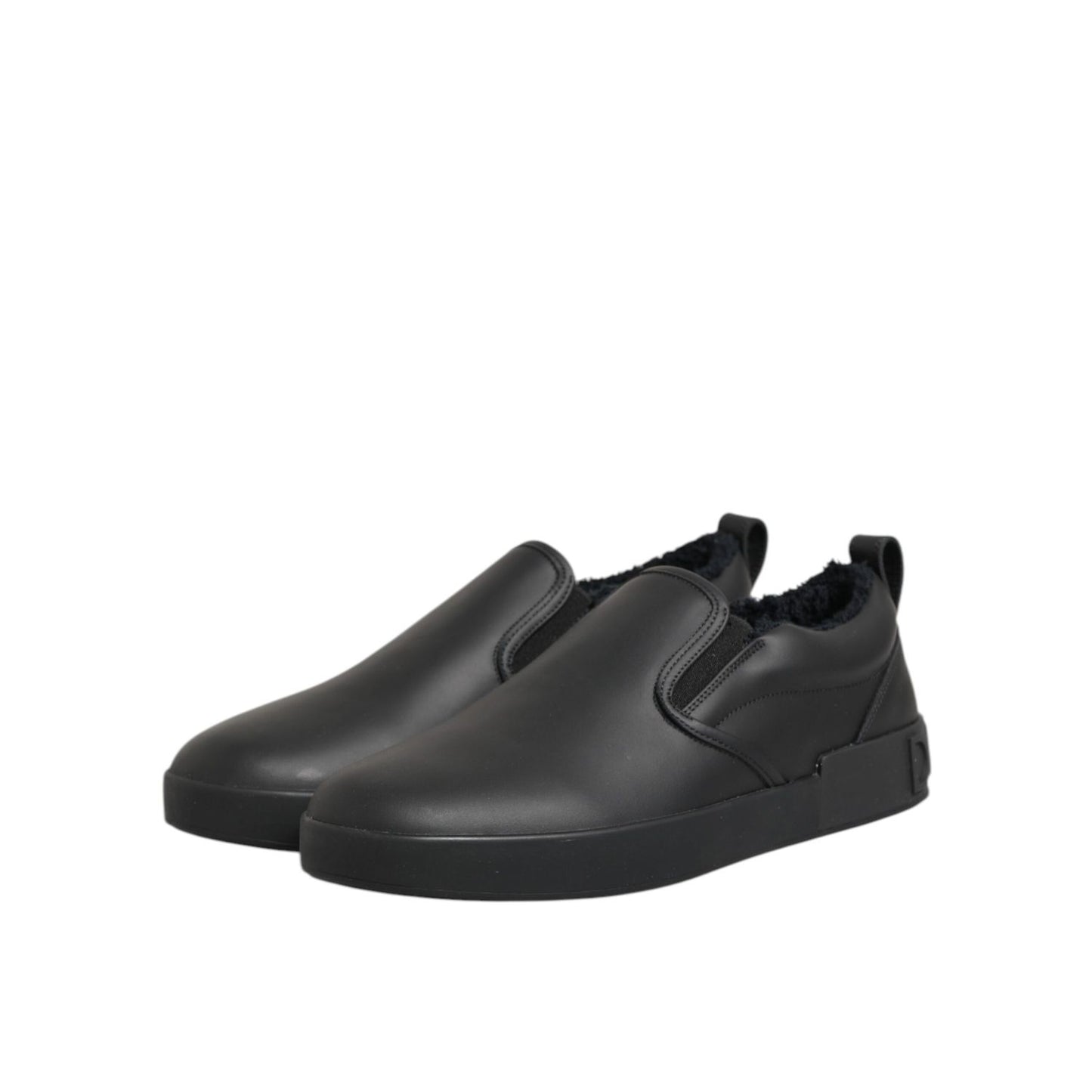 Dolce & Gabbana Black Leather Low Top Slip On Sneakers Shoes with elastic panels and rubber sole