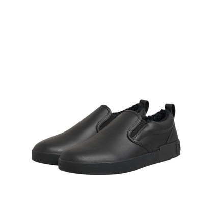 Dolce & Gabbana Black Leather Low Top Slip On Sneakers Shoes with elastic panels and rubber sole
