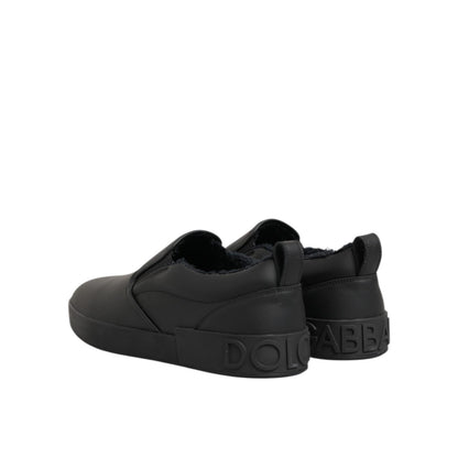 Dolce & Gabbana Black Leather Low Top Slip On Sneakers Shoes with logo detail and sleek design.