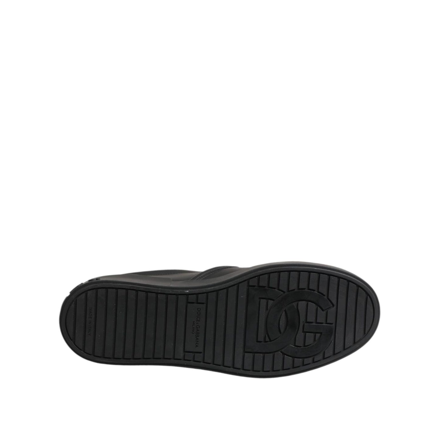 Sole view of Dolce & Gabbana Black Leather Low Top Slip On Sneakers Shoes showcasing logo detail.