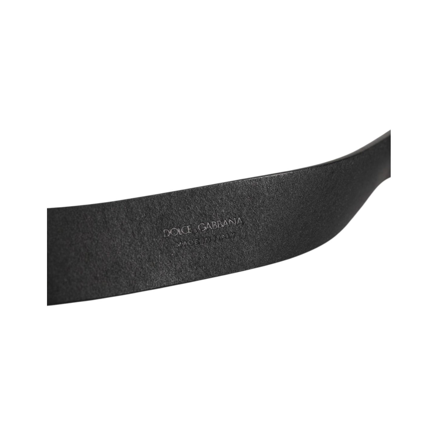 Dolce & Gabbana Black Leather Metal Buckle Classic Men Belt, close-up of high-quality leather texture and brand engraving.