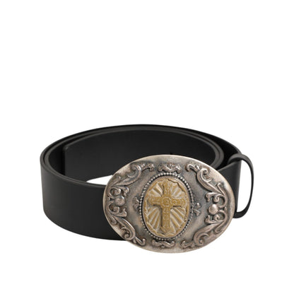Dolce & Gabbana Black Leather Ornate Metal Buckle Men Belt with cross design, showcasing elegance and edge in black calf leather.