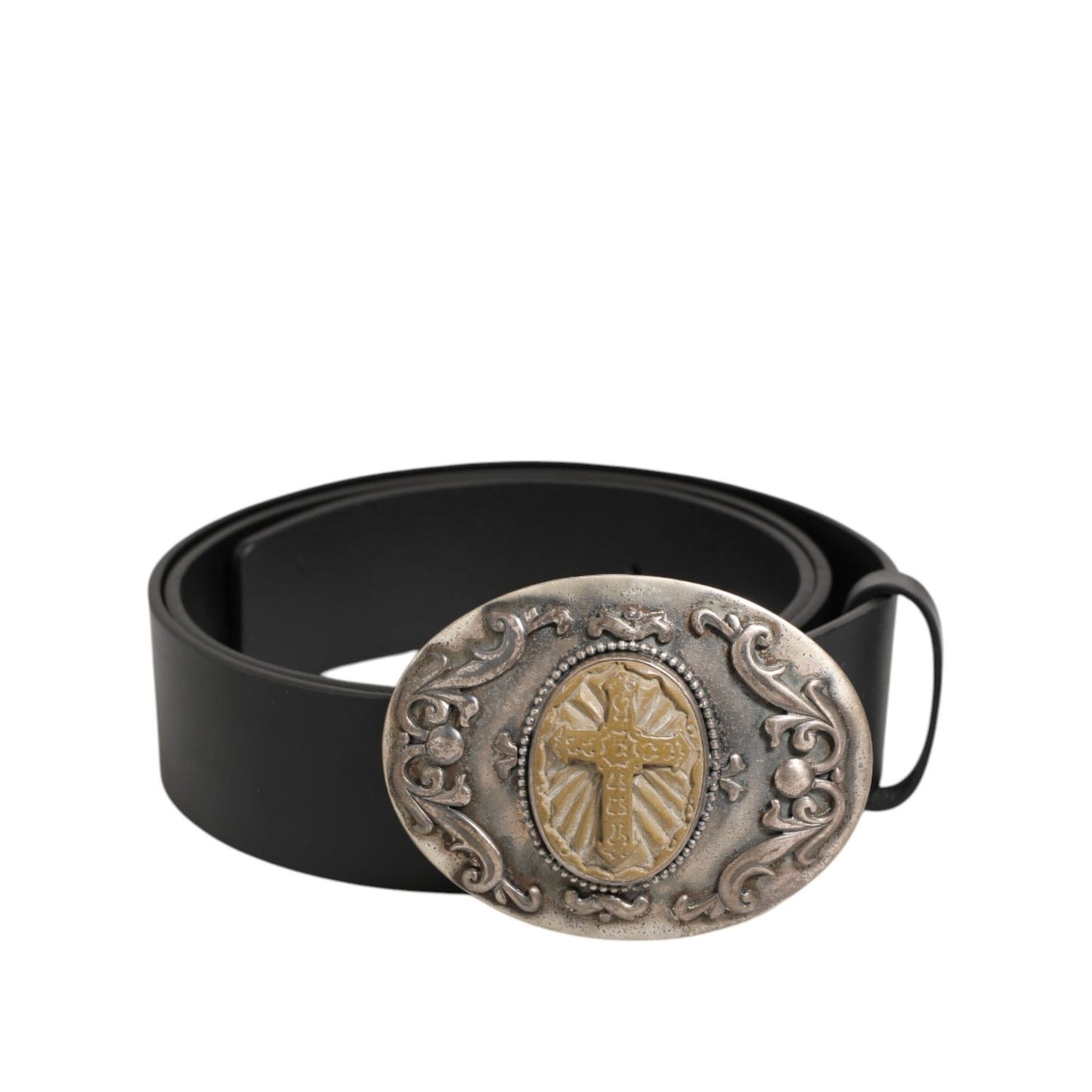 Dolce & Gabbana Black Leather Ornate Metal Buckle Men Belt with intricate cross design.