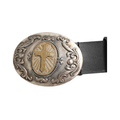 Dolce & Gabbana Black Leather Ornate Metal Buckle Men Belt with cross design, elegant statement piece