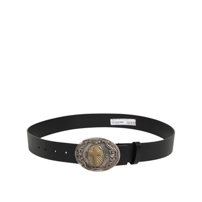 Dolce & Gabbana Black Leather Ornate Metal Buckle Men Belt with cross design buckle