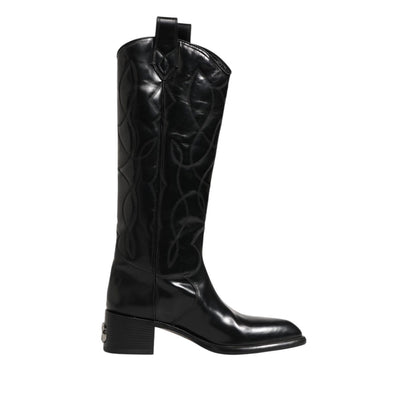 Dolce & Gabbana Black Leather Over The Calf Biker Boots Shoes