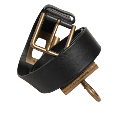 Dolce & Gabbana Black Leather Side Rings Brass Buckle Belt with antique brass-tone buckle and distinctive side rings.
