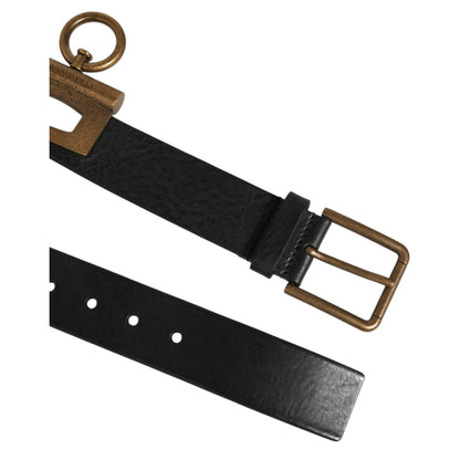 Dolce & Gabbana Black Leather Side Rings Brass Buckle Belt with antique gold-tone hardware, crafted in Italy, close-up view.