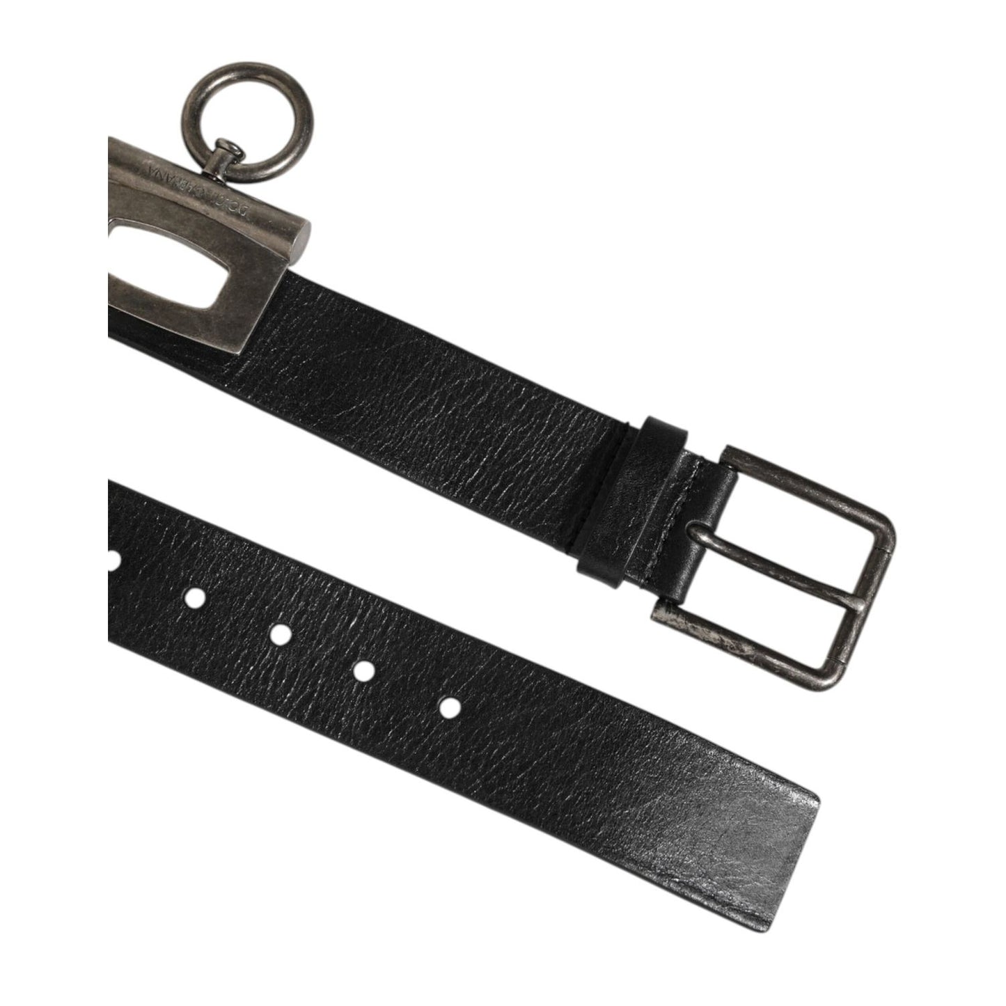Dolce & Gabbana Black Leather Side Rings Brass Buckle Belt, luxury men's accessory with antique hardware and sleek design.