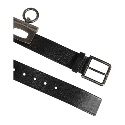Dolce & Gabbana Black Leather Side Rings Brass Buckle Belt, luxury men's accessory with antique hardware and sleek design.