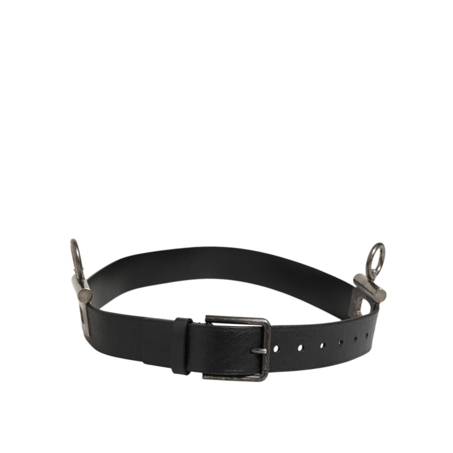 Dolce & Gabbana Black Leather Side Rings Brass Buckle Belt with silver-tone hardware