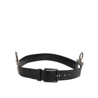Dolce & Gabbana Black Leather Side Rings Brass Buckle Belt with silver-tone hardware