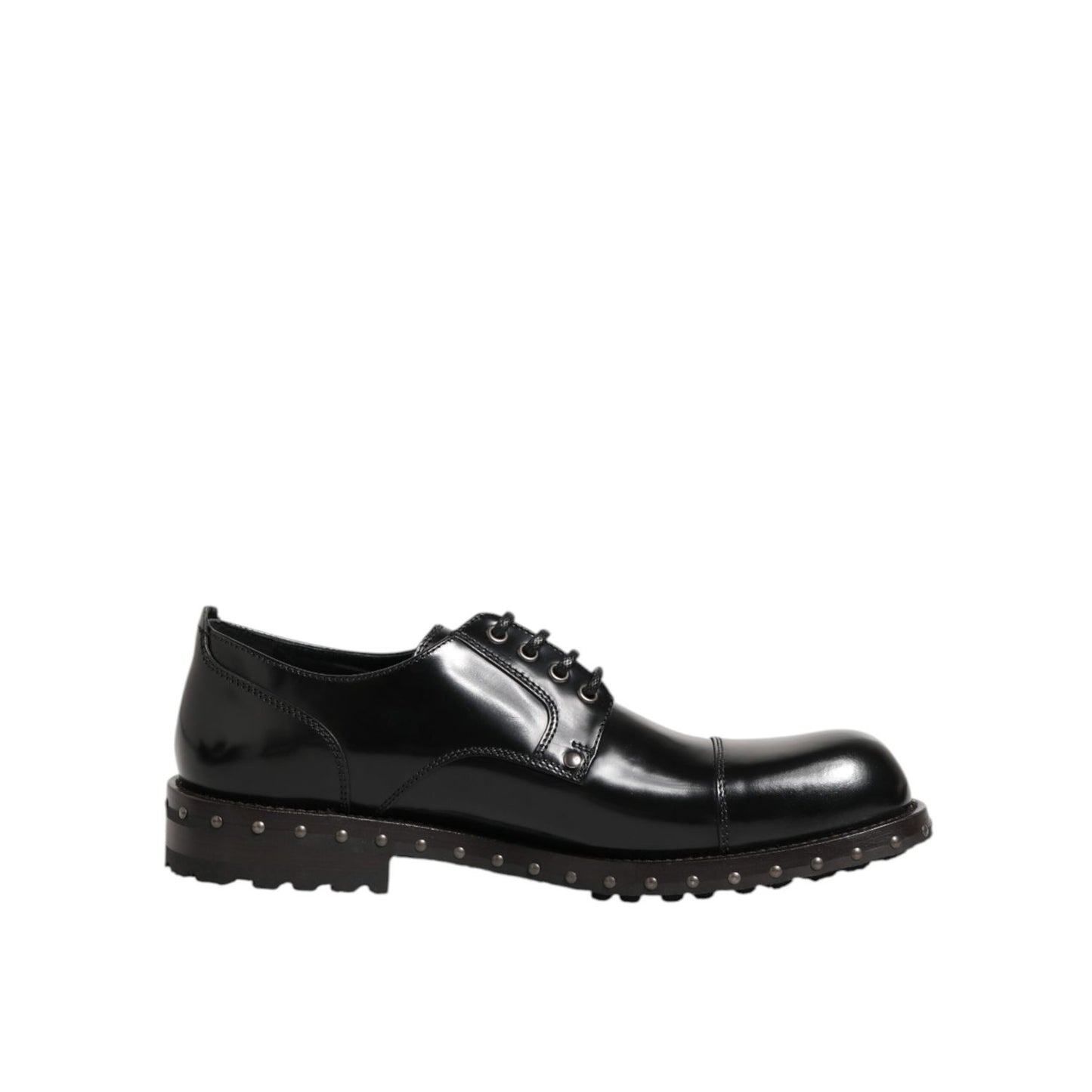 Dolce & Gabbana Black Leather Studded Men Formal Derby Shoes, premium lace-up design, perfect for formal wear and special occasions.