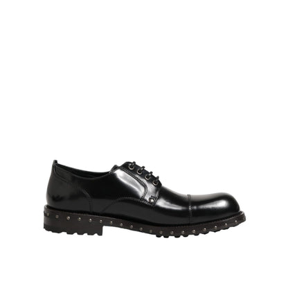 Dolce & Gabbana Black Leather Studded Men Formal Derby Shoes, premium lace-up design, perfect for formal wear and special occasions.