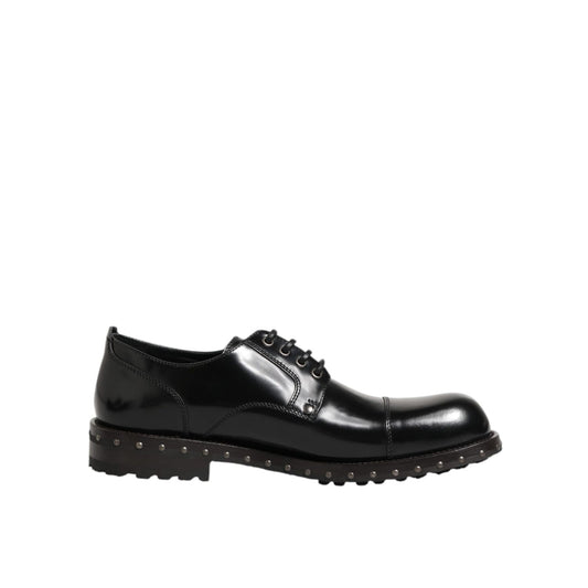 Dolce & Gabbana Black Leather Studded Men Formal Derby Shoes, premium lace-up design, perfect for formal wear and special occasions.