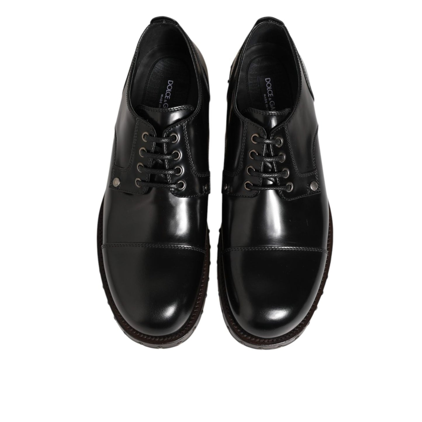 Dolce & Gabbana Black Leather Studded Men Formal Derby Shoes in polished lace-up design, top view.