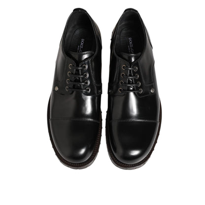 Dolce & Gabbana Black Leather Studded Men Formal Derby Shoes in polished lace-up design, top view.