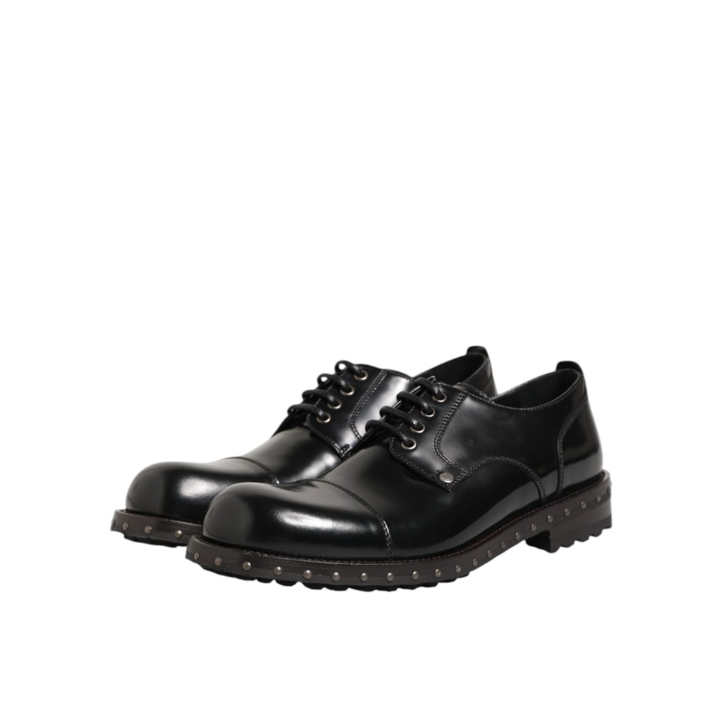 Dolce & Gabbana Black Leather Studded Men Formal Derby Shoes with polished lace-up design and sleek silhouette.