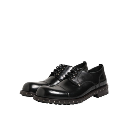Dolce & Gabbana Black Leather Studded Men Formal Derby Shoes with polished lace-up design and sleek silhouette.