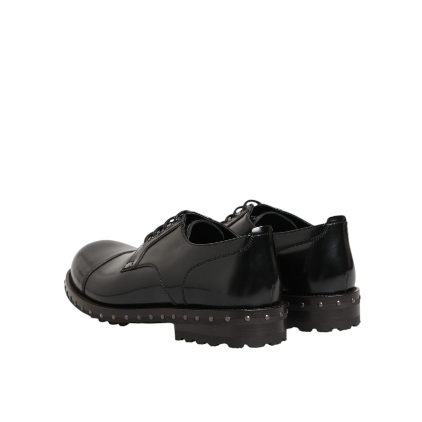 Dolce & Gabbana Black Leather Studded Men Formal Derby Shoes with lace-up design and sleek silhouette, perfect for special occasions.