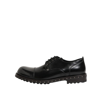 Dolce & Gabbana Black Leather Studded Men Formal Derby Shoes with polished lace-up design.