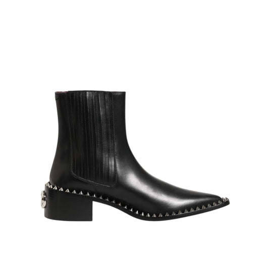 Dolce & Gabbana Black Leather Studded Men Short Boots Shoes with sleek silhouette and logo details.