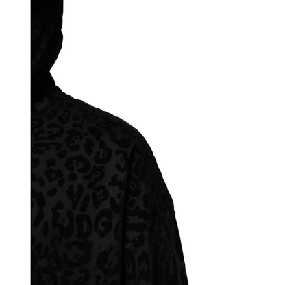 Dolce & Gabbana Black Leopard Full Zip Hooded Sweatshirt Sweater showing leopard pattern detail.