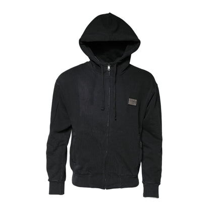 Dolce & Gabbana Black Logo Full Zip Hooded Men Sweatshirt Sweater with logo plaque and zipper closure, front view.