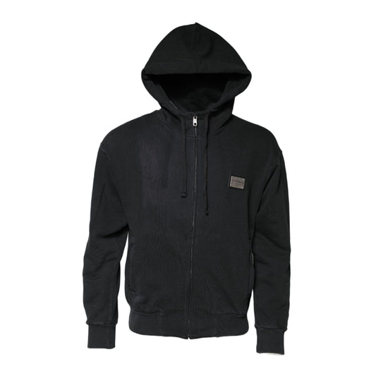 Dolce & Gabbana Black Logo Full Zip Hooded Men Sweatshirt Sweater with logo plaque and zipper closure, front view.