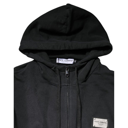 Dolce & Gabbana Black Logo Full Zip Hooded Men Sweatshirt Sweater with repaired rip on front, featuring logo plaque and zipper closure.