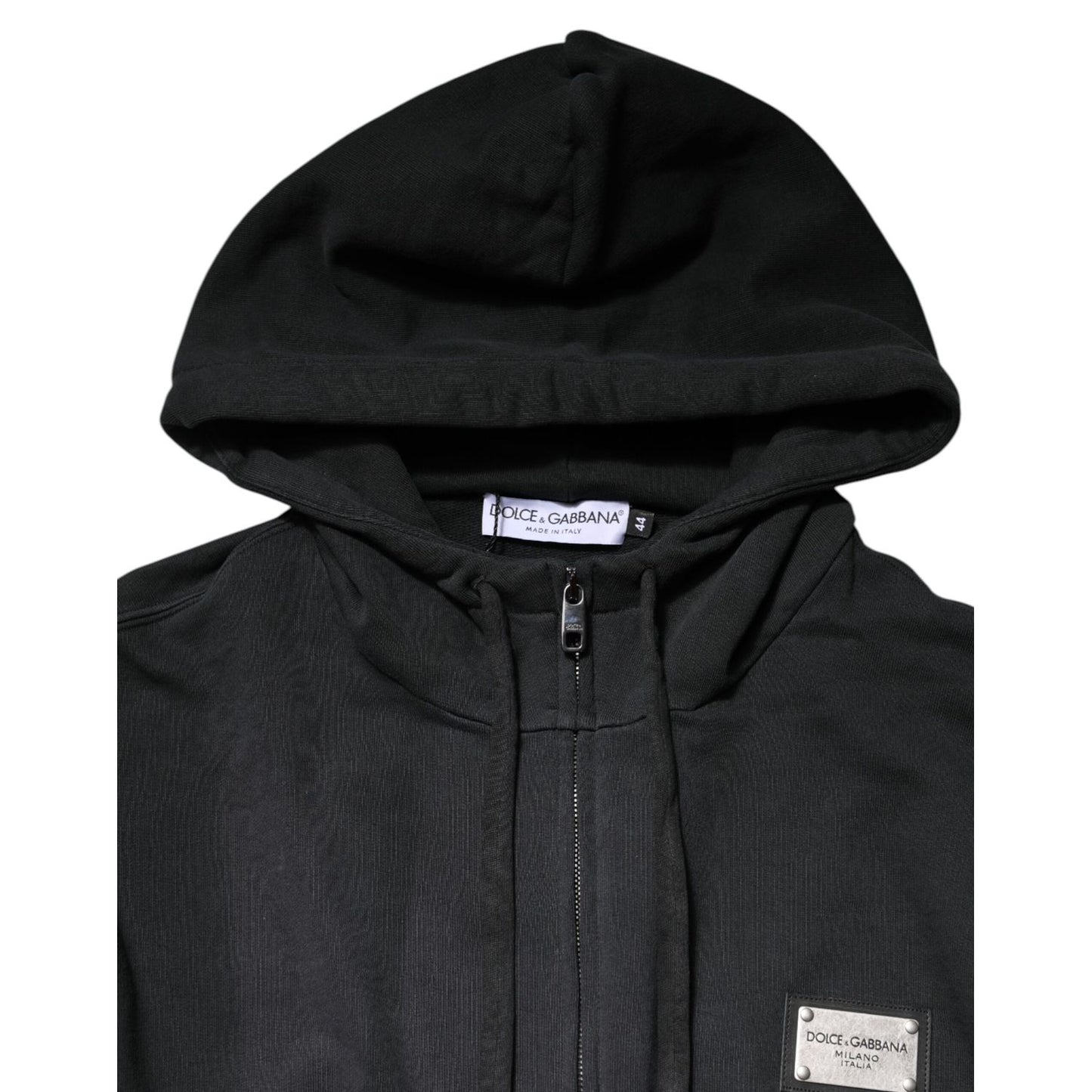 Dolce & Gabbana Black Logo Full Zip Hooded Sweatshirt Sweater, close-up of hood and zipper detail, regular fit, 100% cotton.