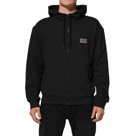Man wearing Dolce & Gabbana Black Logo FullZip Hooded Sweatshirt Sweater, showcasing premium casual black style.