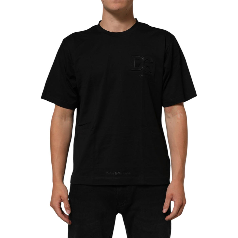 Dolce & Gabbana Black Logo Patch Cotton Men Crew Neck T-shirt with short sleeves and sleek black design.