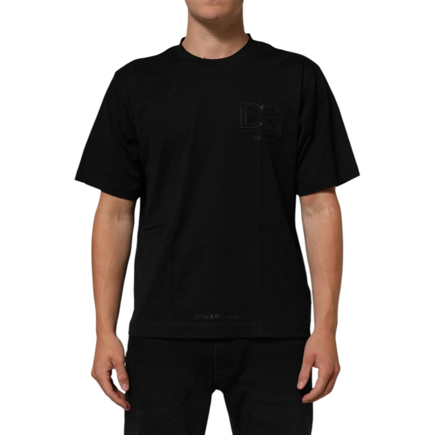 Dolce & Gabbana Black Logo Patch Cotton Men Crew Neck T-shirt featuring sleek logo, classic crew neck, short sleeves, and Italian sophistication.