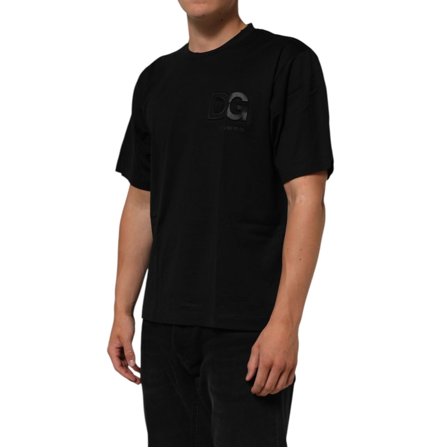Dolce & Gabbana Black Logo Patch Cotton Men Crew Neck T-shirt on model