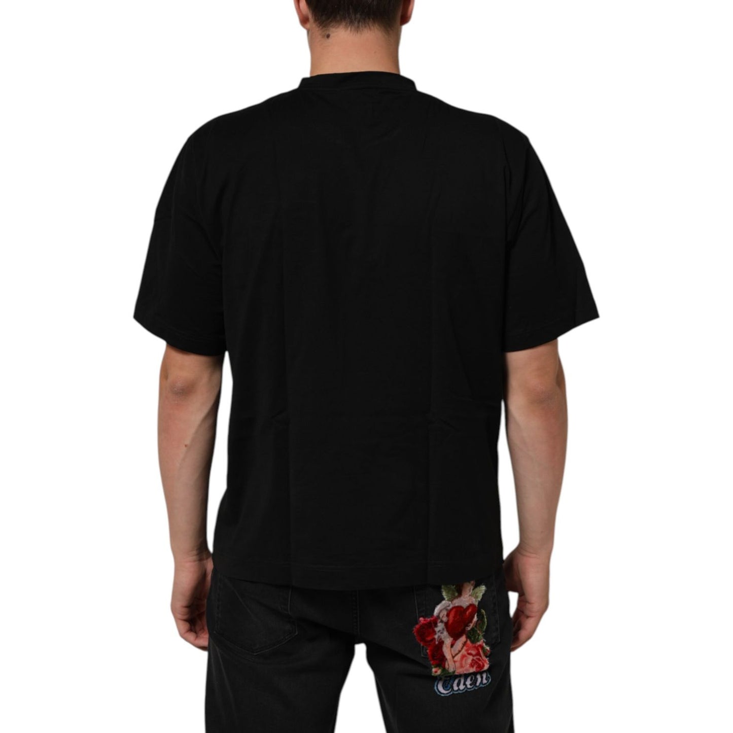 Dolce & Gabbana Black Logo Patch Cotton Men Crew Neck T-shirt shown from the back, highlighting the fit and design.