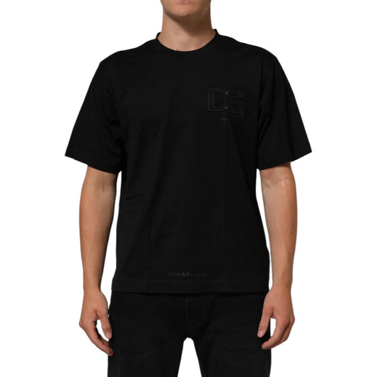 Dolce & Gabbana Black Logo Patch Cotton Men Crew Neck T-shirt on model showcasing front view, features sleek logo detail.